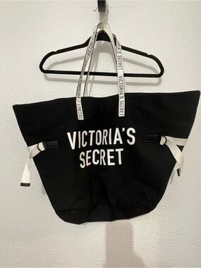 Victoria’s Secret Canvas Tote Bag Black White Logo Weekender Overnight Large